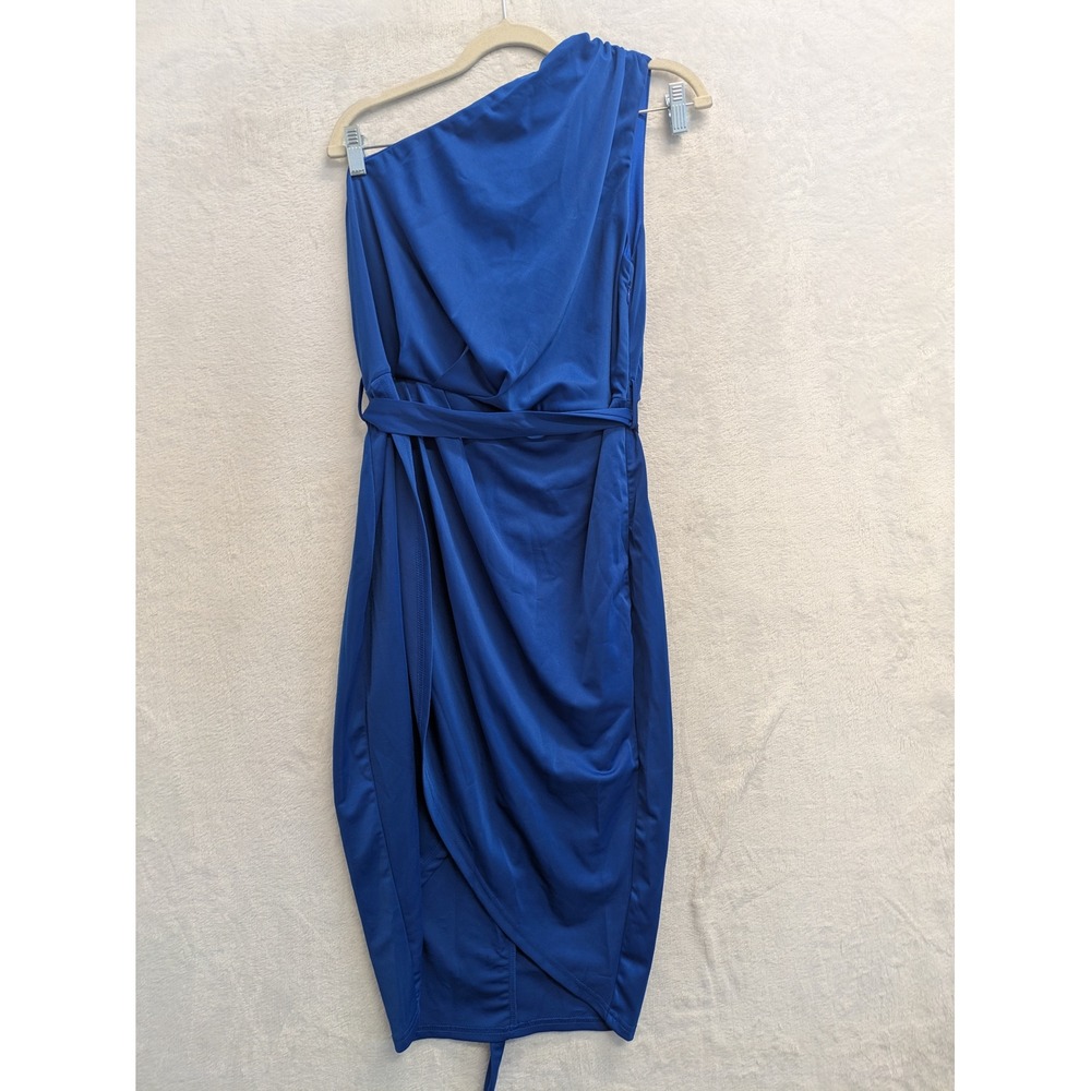 Hanna Nikole Royal Blue One Shoulder Draped Midi Dress Plus Size 12W